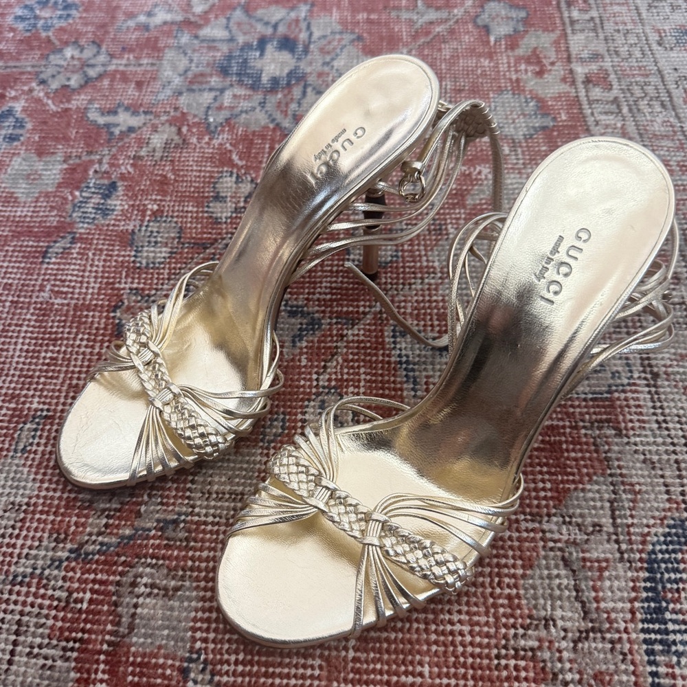 Vintage Tom Ford Gucci Metallic Gold Strappy Open-Toe Heels